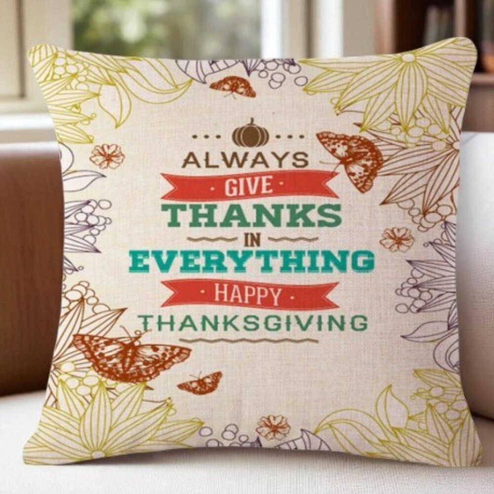 Thanksgiving Pillow Cover Burlap 16" Square